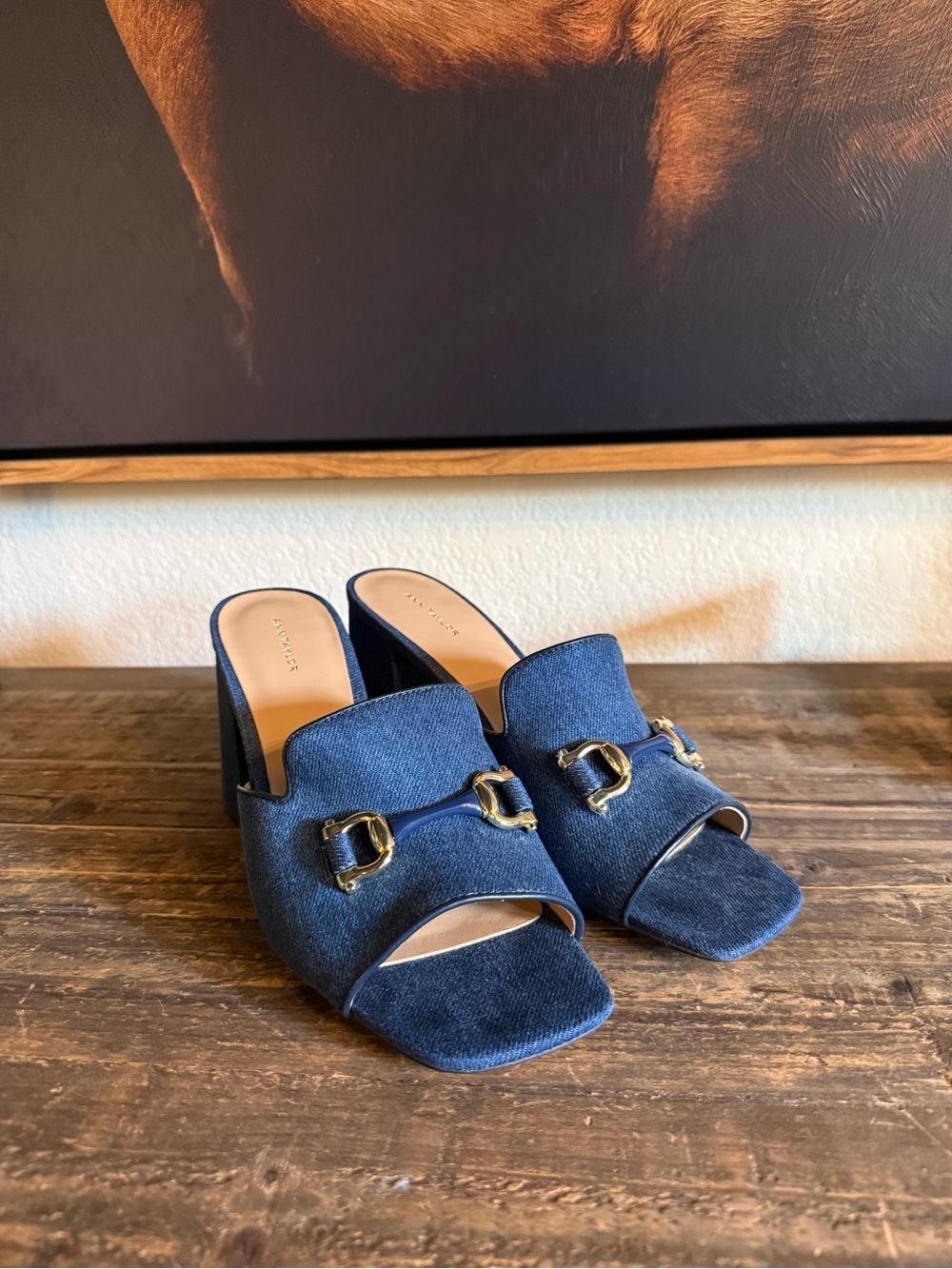 Ann Taylor Denim Horsebit Block Heel Slides | NWOT | Size 9.5